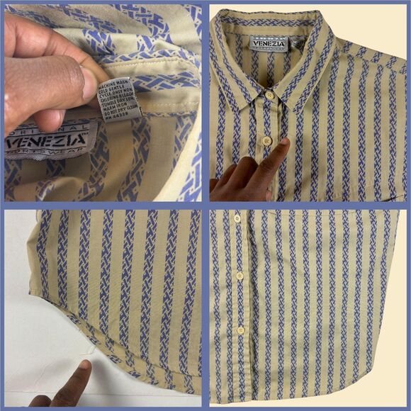 1980s striped blouse, size 20 beige & blue vintage Venezia womens button down - Picture 3 of 8
